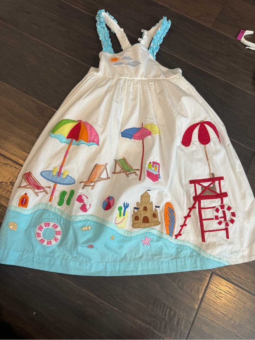Girls' White & Light Blue Beach Scene Sundress with Embroidered Appliqués